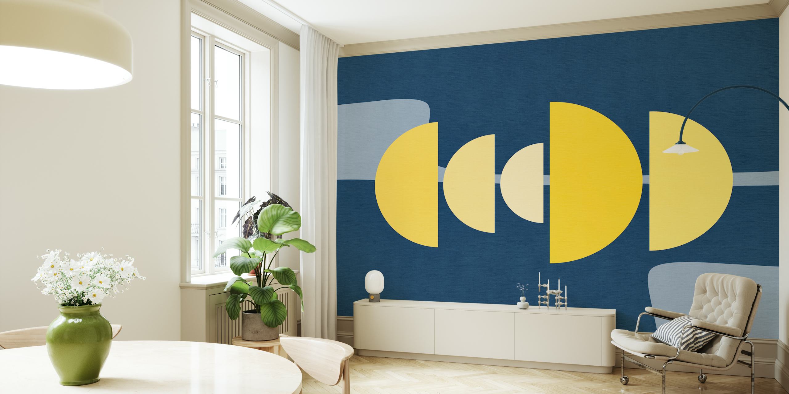 Geometric shapes in yellow and cream on a navy background wallpaper